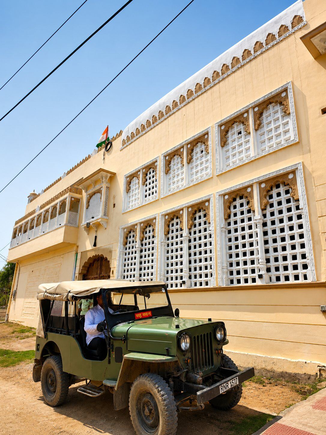 Vintage jeep at entrance