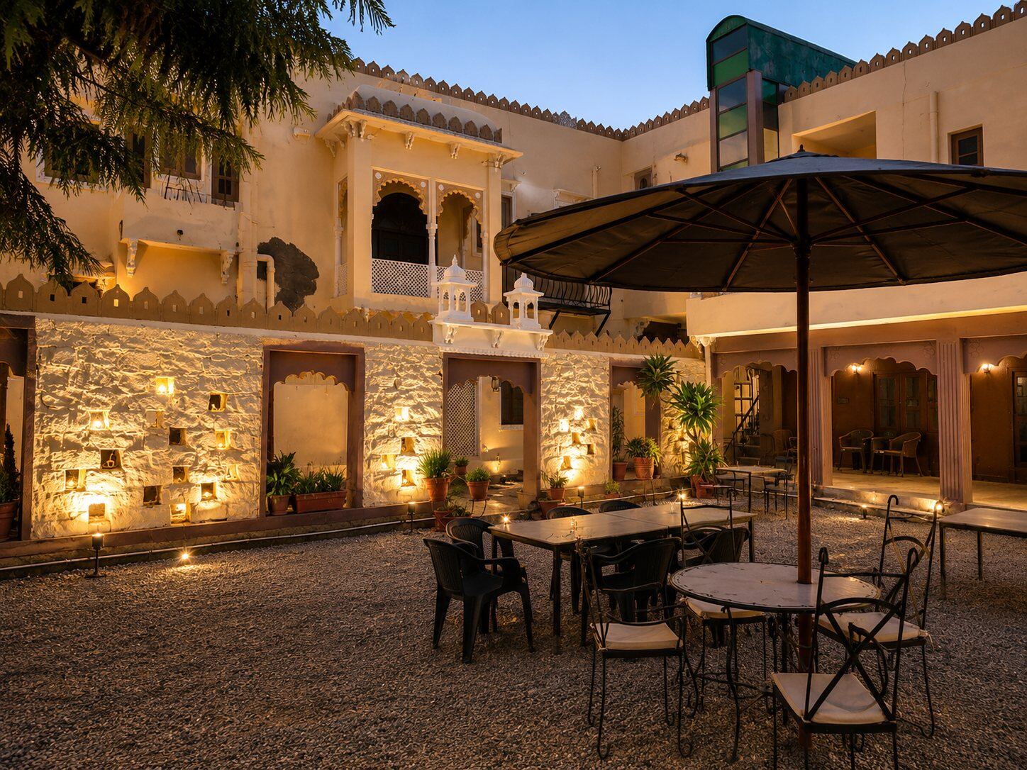Courtyard seating at dusk